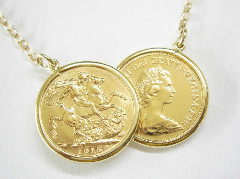 Hallmarked Full / Half Sovereign Double Coin Mount Necklace with